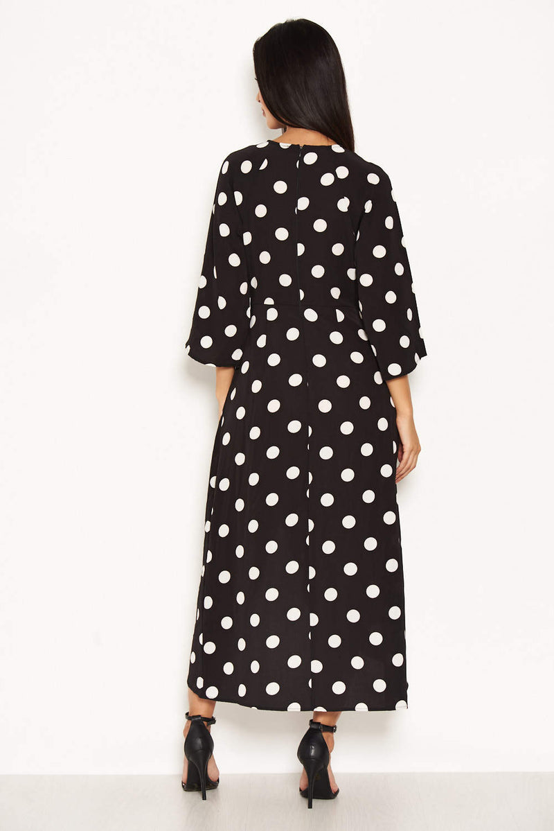 Black Polka Dot Wrap Dress With Tie Front