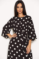 Black Polka Dot Wrap Dress With Tie Front