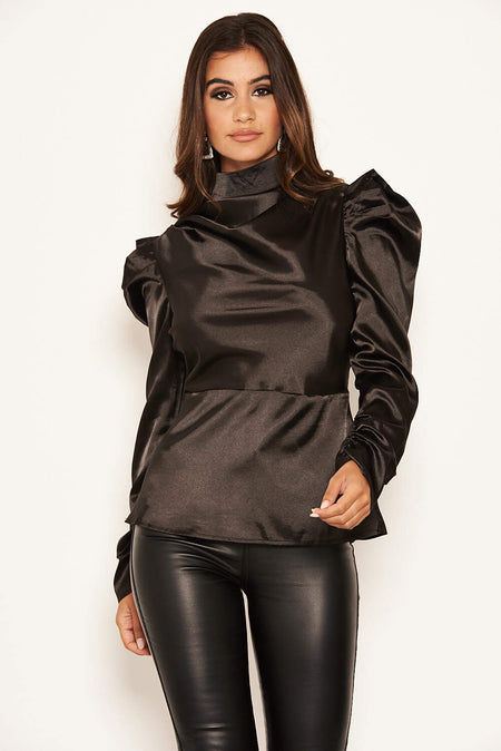 Black Satin Puff Sleeve Top