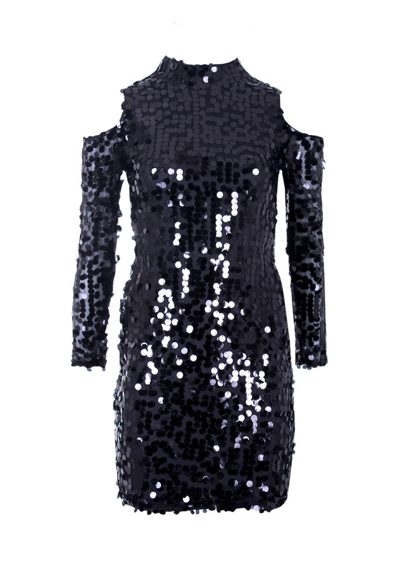 Black Sequin Cut Out Shoulder Dress