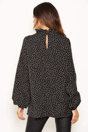 Black Spotty Pleated Frilled Neck Top