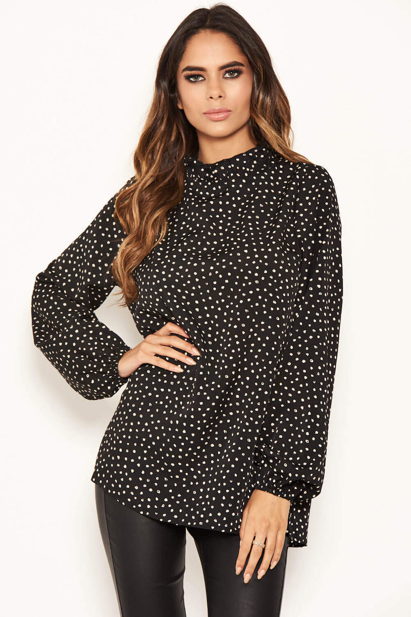 Black Spotty Pleated Frilled Neck Top