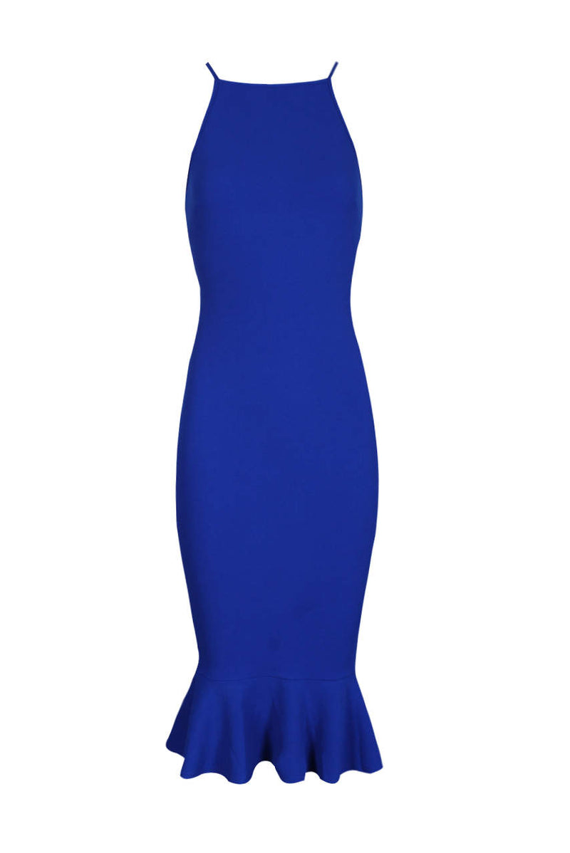Blue Bodycon Midi Dress With Frill Hem