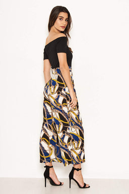 Blue Chain Print Bardot Jumpsuit