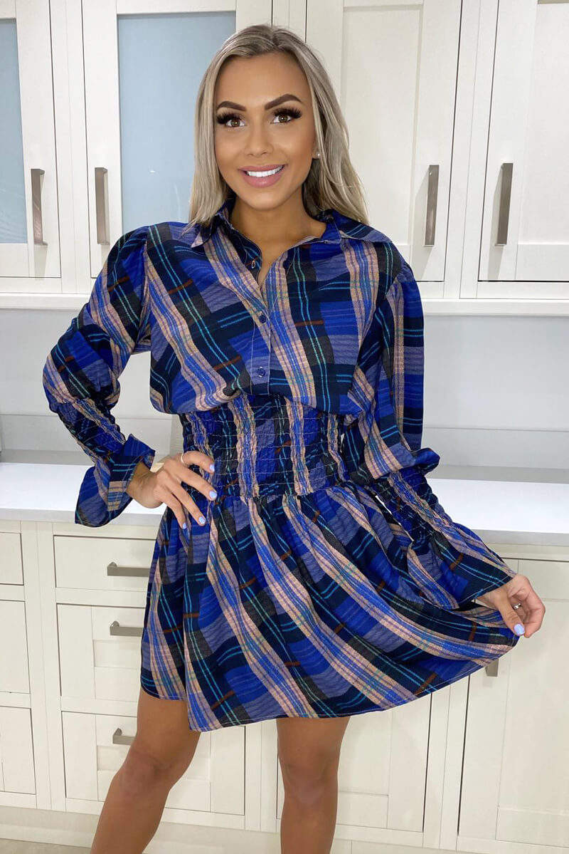 Blue Checked Shirred Waist Shirt Dress