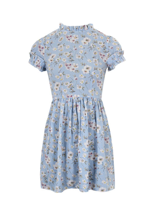 Blue Floral Frill Detail Mini Dress