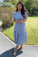Blue Floral Frill Sleeve Midi Dress