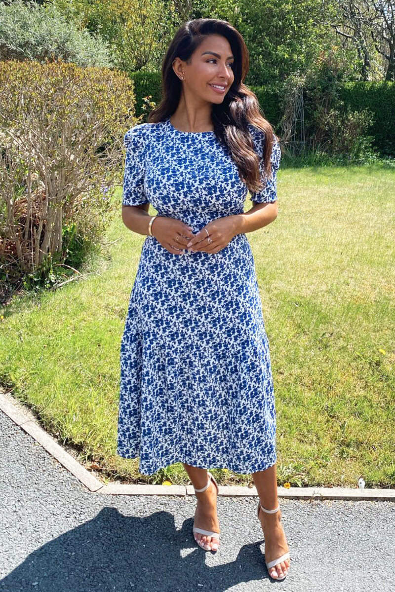 Blue Floral Frill Sleeve Midi Dress