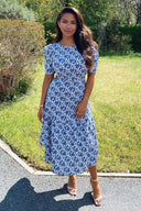 Blue Floral Frill Sleeve Midi Dress