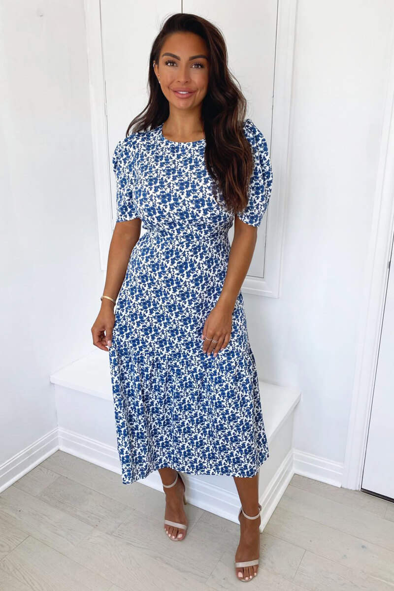 Blue Floral Frill Hem Strappy Midi Dress