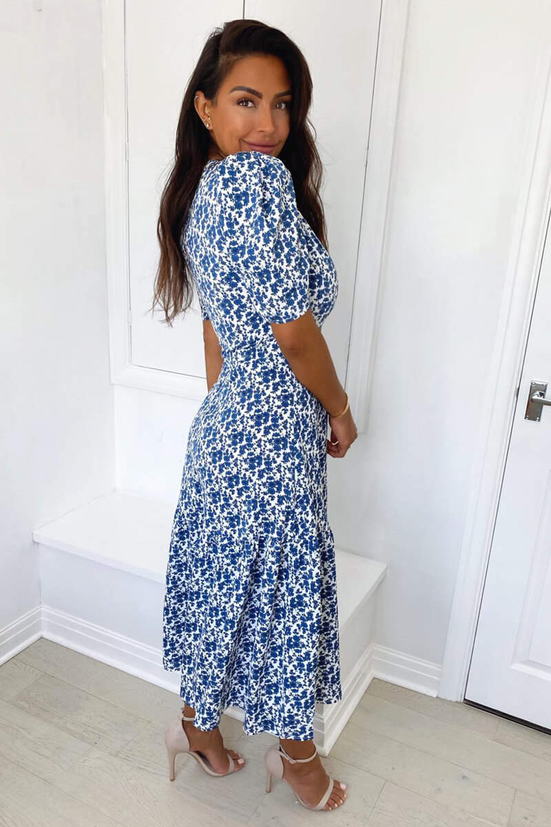 Blue Floral Frill Sleeve Midi Dress