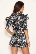 Blue Floral Printed Blazer Style Playsuit