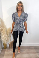 Blue Floral Printed Wrap Over Top