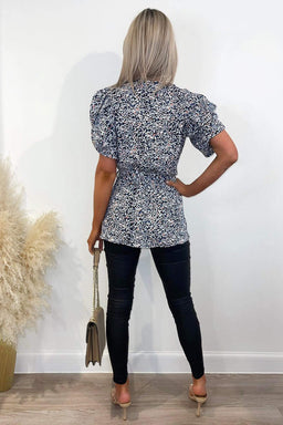 Blue Floral Printed Wrap Over Top