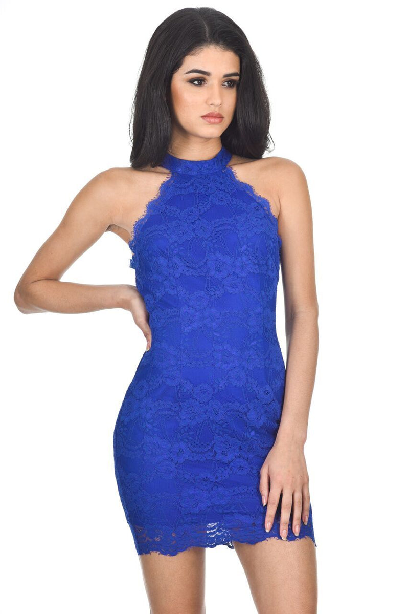 Blue Halter Lace Mini Dress