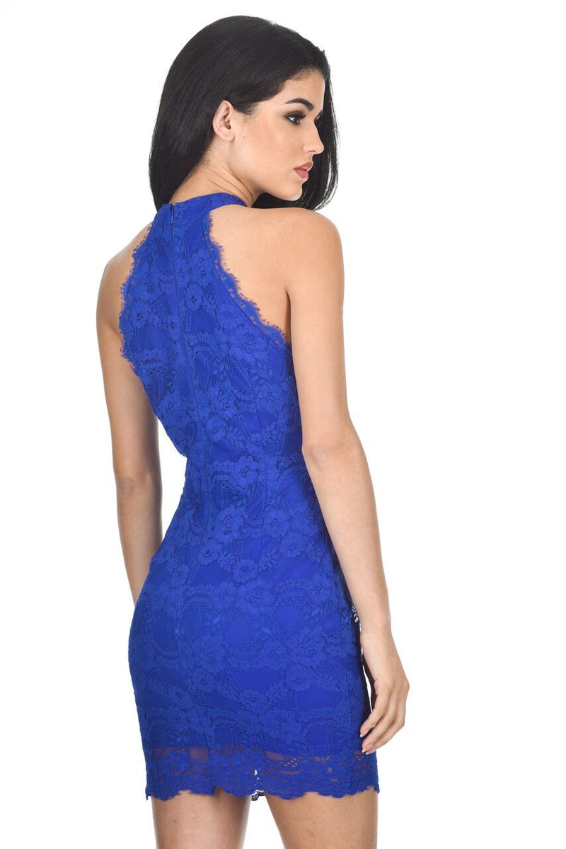 Blue Halter Lace Mini Dress