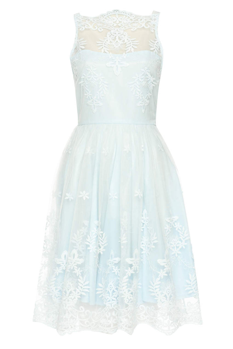 Blue Lace Detail Dress With Full Skirt