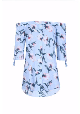 Blue Off The Shoulder Printed Floral Dress