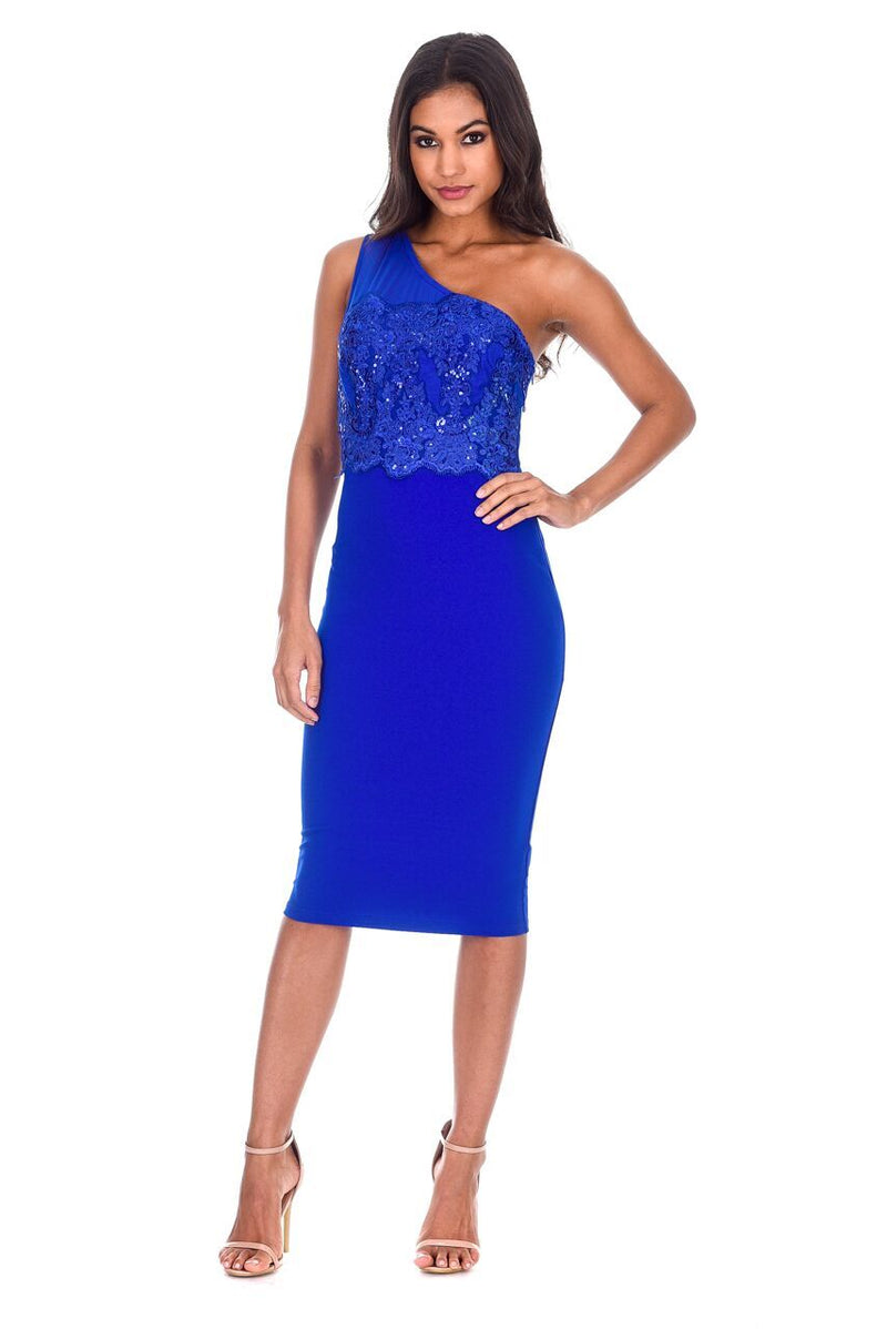 Blue One Shoulder Sequin Embroidered Bodycon