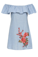 Blue Pinstripe Bardot Dress With Frill Detail And Embroidery