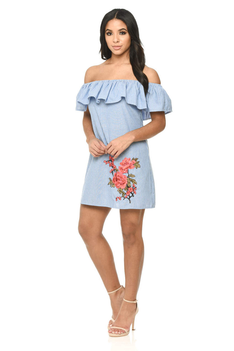 Blue Pinstripe Bardot Dress With Frill Detail And Embroidery AX Paris Blue Pinstripe Bardot Dress With Frill Detail And Embroidery AX Paris