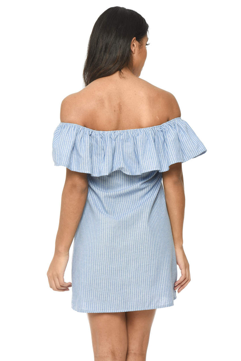 Blue Pinstripe Bardot Dress With Frill Detail And Embroidery