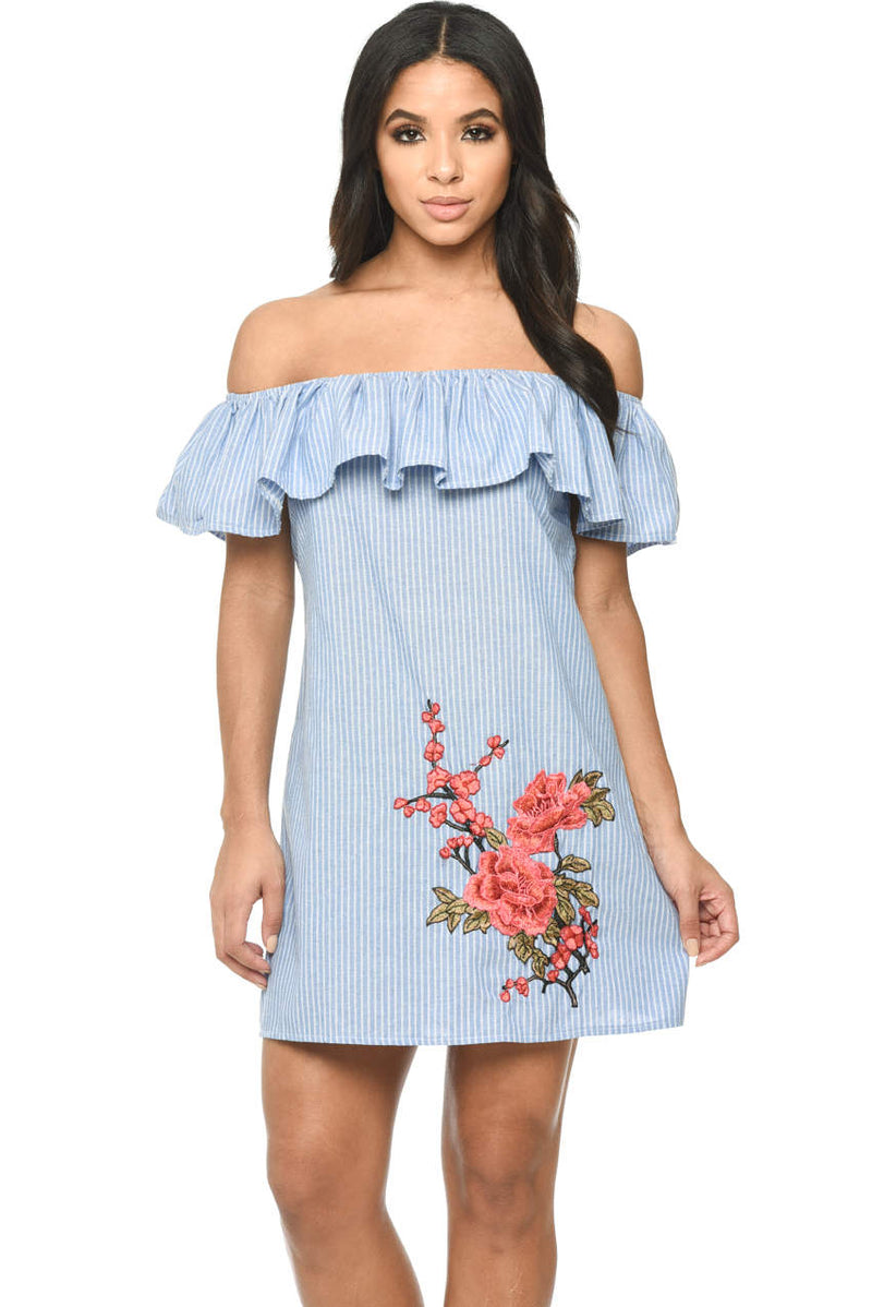Blue Pinstripe Bardot Dress With Frill Detail And Embroidery AX Paris Blue Pinstripe Bardot Dress With Frill Detail And Embroidery AX Paris