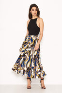 Blue Pleated Midi Skirt With Chain Print