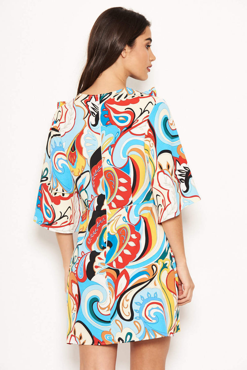 Blue Printed Frill Front Dress