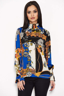 Blue Printed High Neck Top