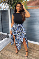 Blue Printed Skirt 2 in 1 Midi Dress