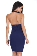 Navy Ruched Backless Choker Neck Dress