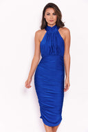 Blue Ruched Halterneck Slinky Bodycon Dress
