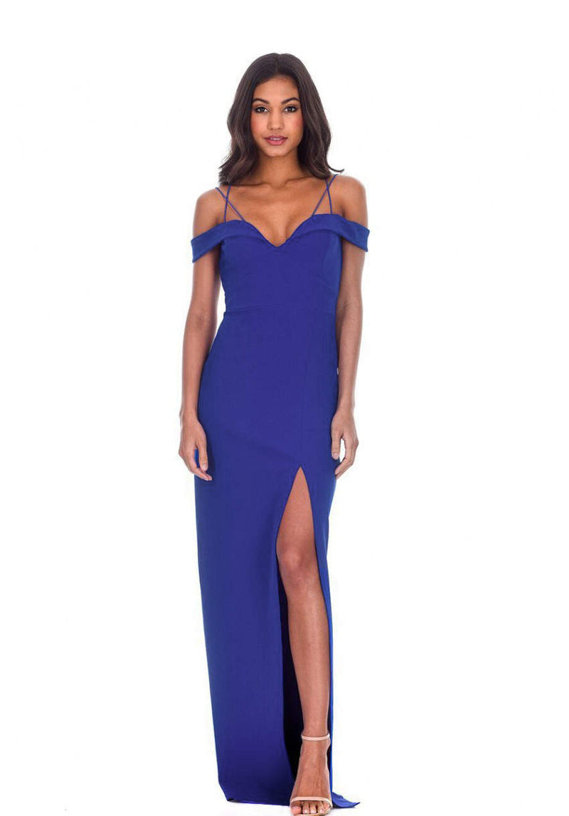Blue Strappy Off The Shoulder Side Split Maxi Dress