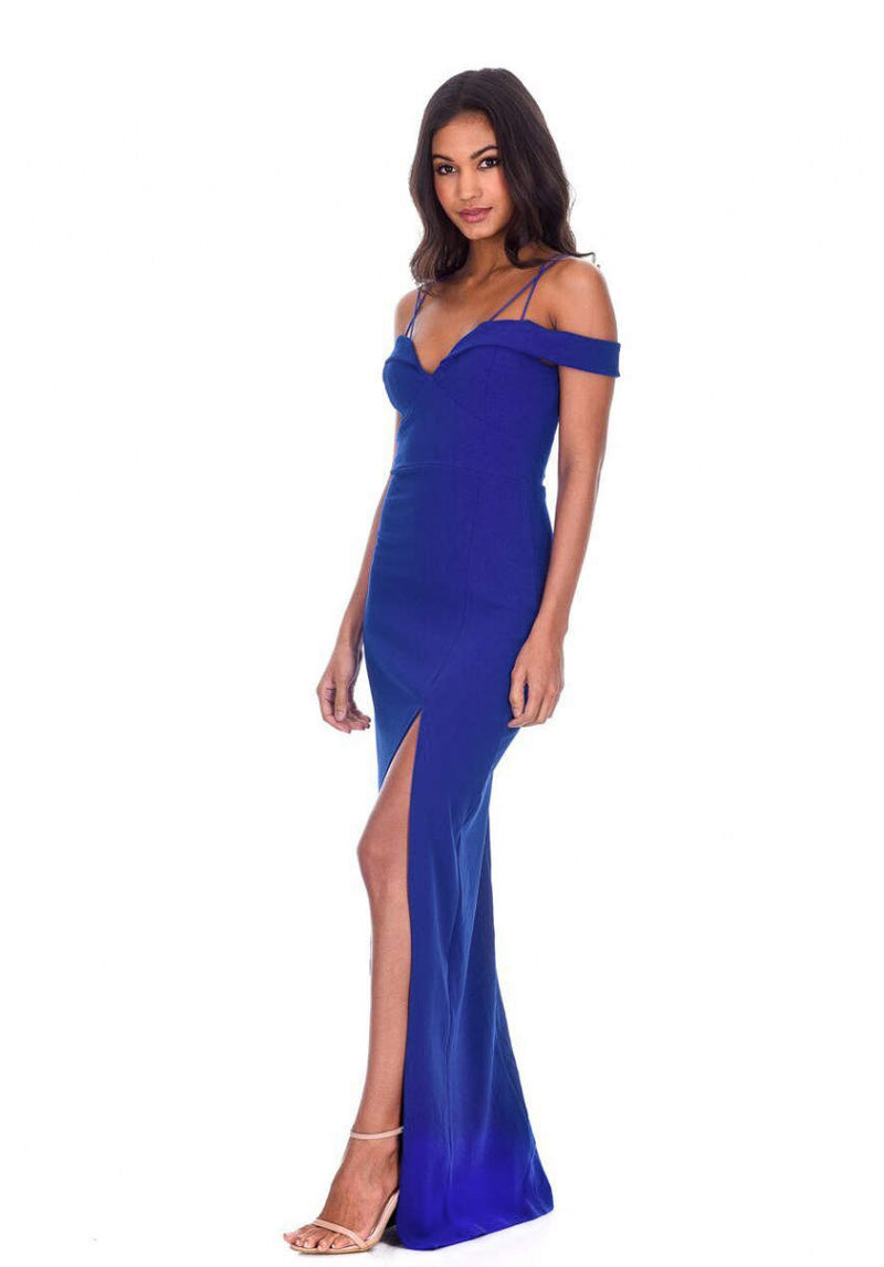 Blue Strappy Off The Shoulder Side Split Maxi Dress
