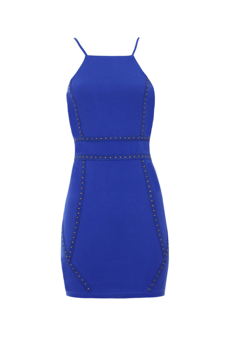 Blue Strappy Stud Front Bodycon Mini Dress