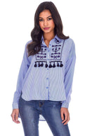 Blue Striped Embroidery Sleeved Shirt