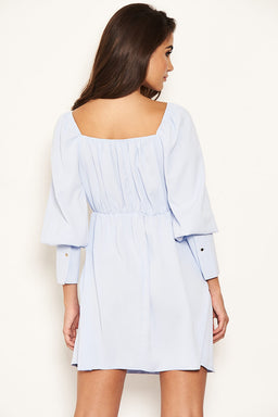 Blue Tie Neckline Long Sleeve Dress