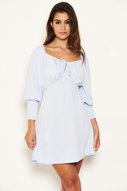 Blue Tie Neckline Long Sleeve Dress