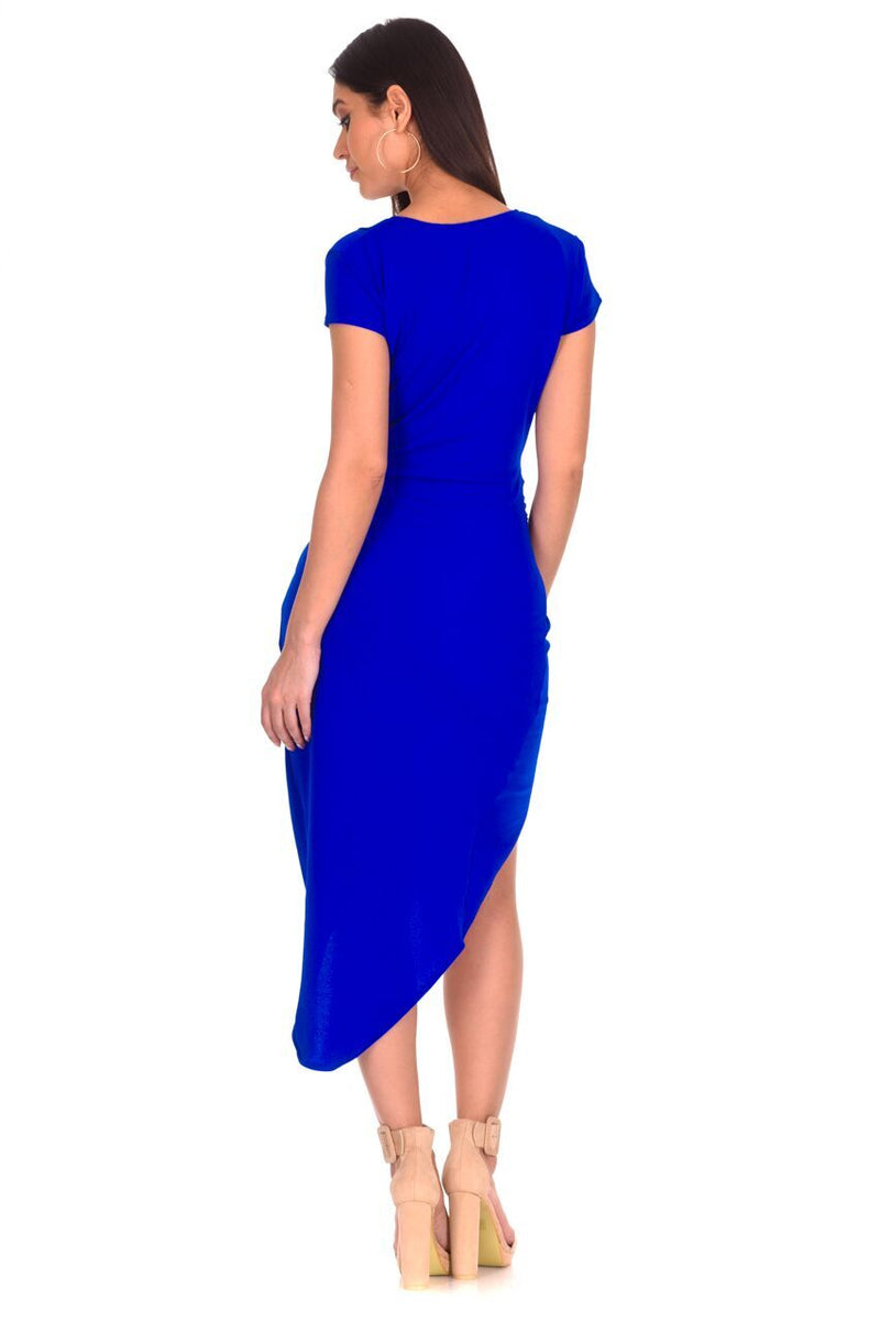 Blue Wrap Ruched Midi Dress