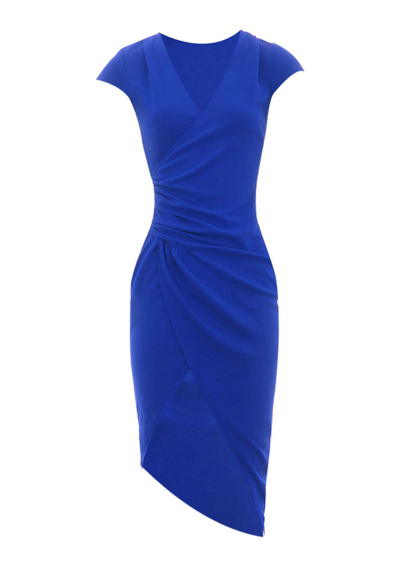 Blue Wrap Ruched Midi Dress