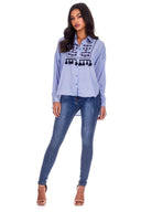 Blue Striped Embroidery Sleeved Shirt