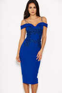 Blue Off The Shoulder Lace Midi Dress With Delicate Straps