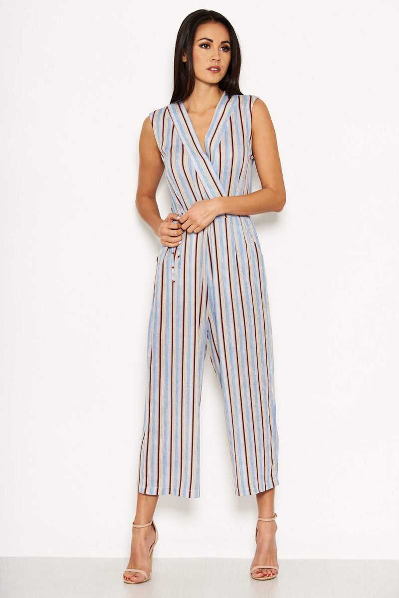 Blue Stripe V Neck Culotte Jumpsuit