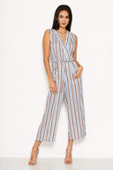 Blue Stripe V Neck Culotte Jumpsuit