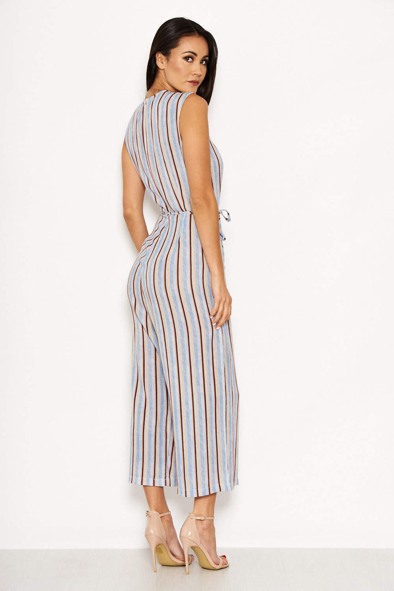 Blue Stripe V Neck Culotte Jumpsuit