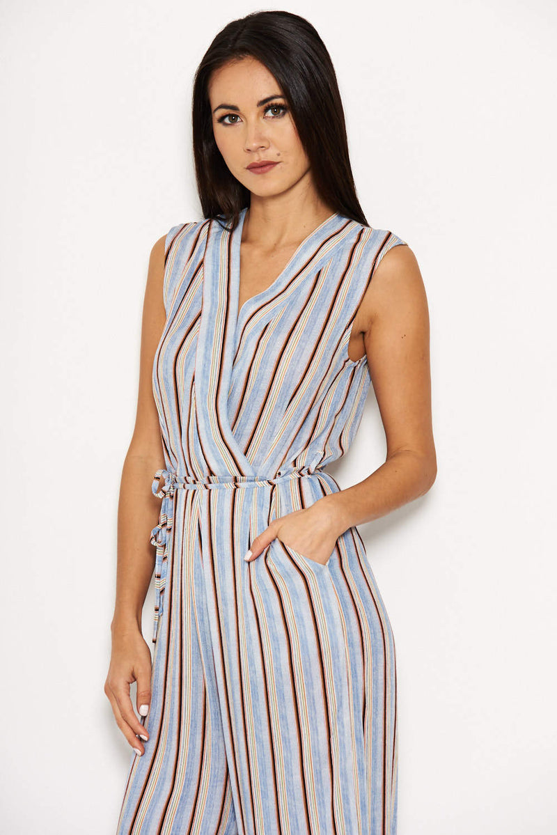 Blue Stripe V Neck Culotte Jumpsuit