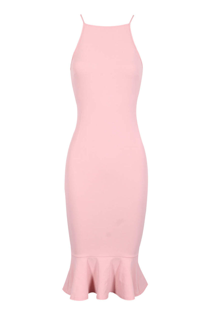 Blush Bodycon Midi Dress With Frill Hem