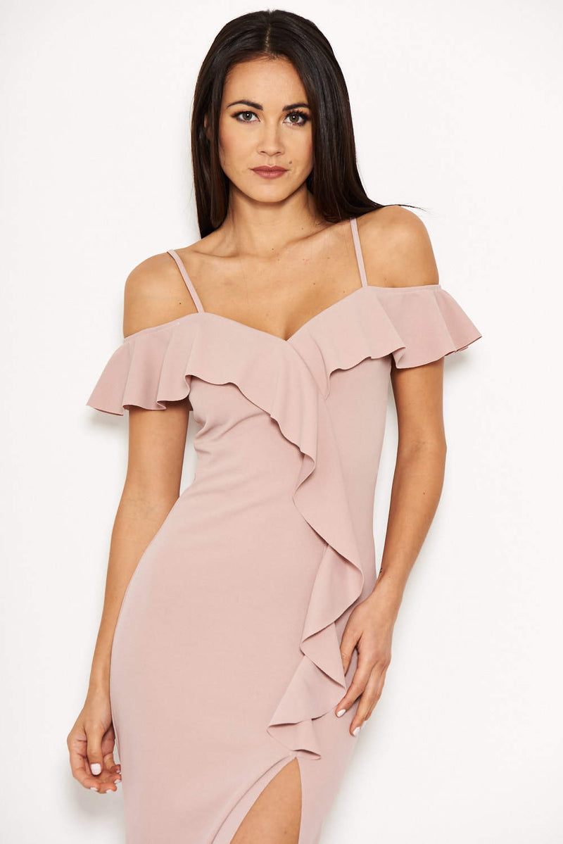 Mushroom Cold Shoulder Frill Detail Split Dress