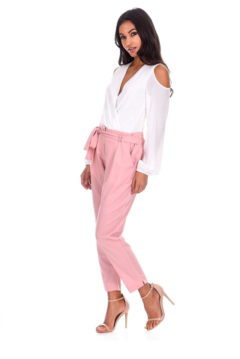 Blush Cropped Tie Belt Trousers